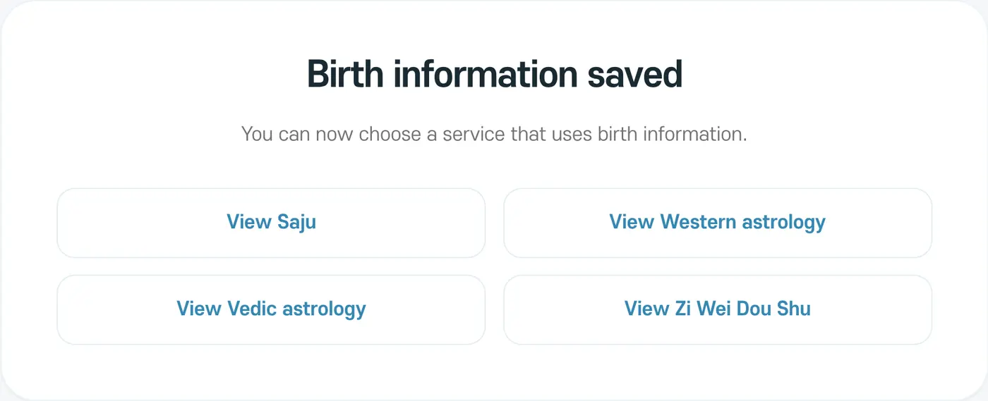 The screen after saving. You can go straight to services that use birth information