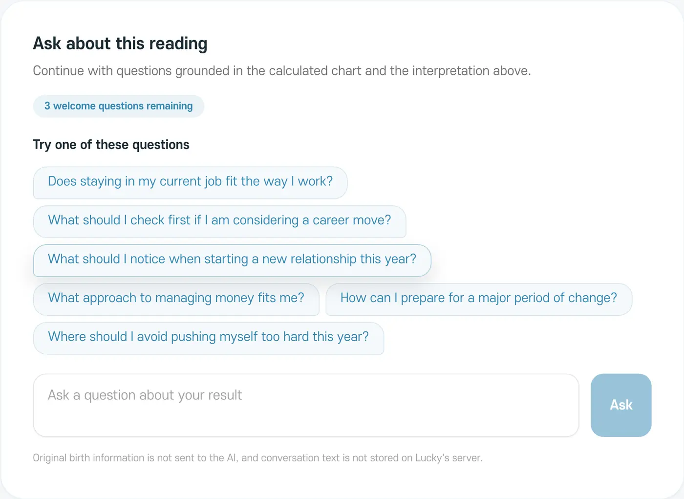 Asking about a reading. Tap a suggested question or write your own