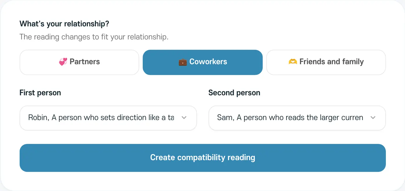 The compatibility screen with Coworkers selected