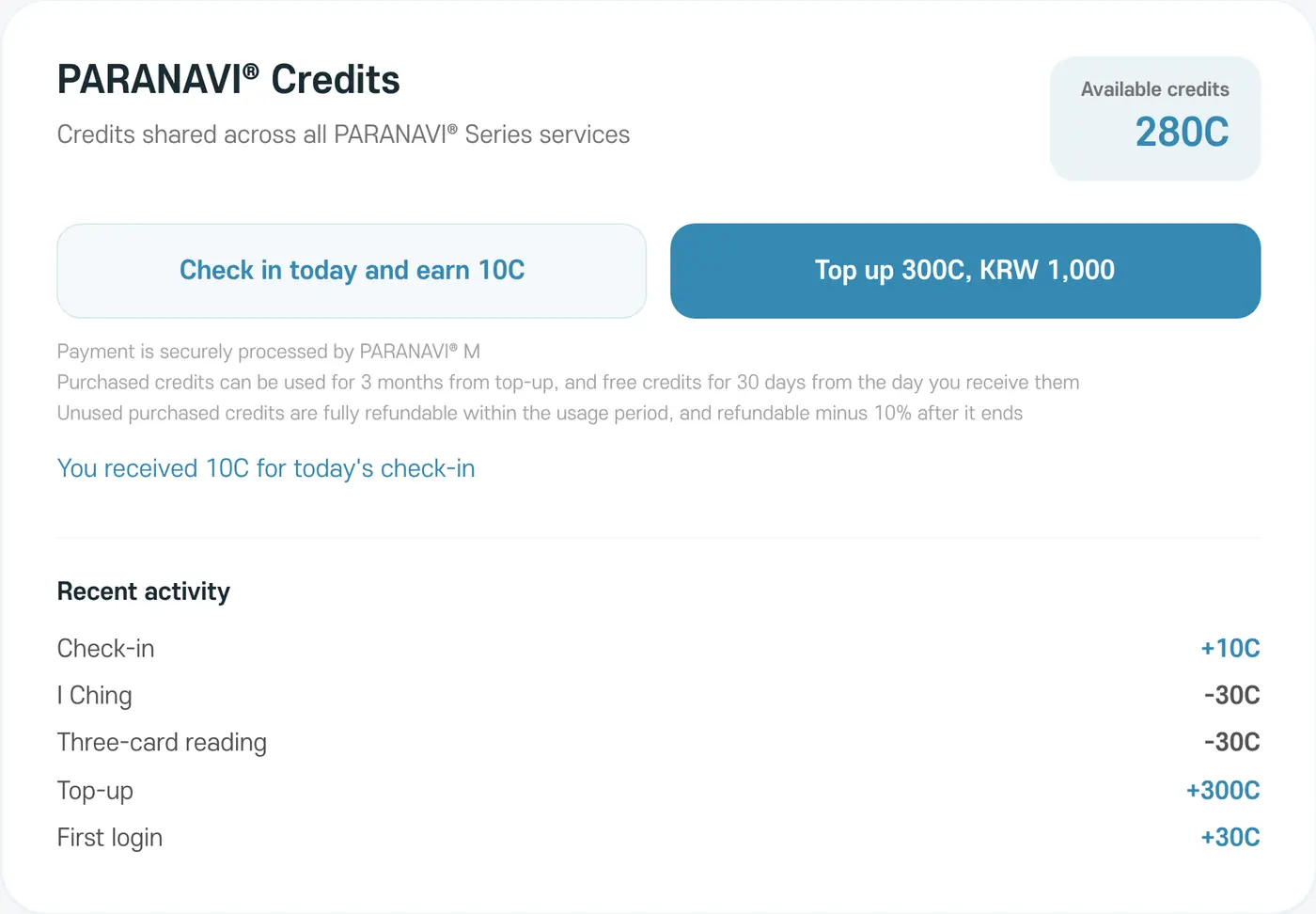 Checking in adds 10C, which appears in Recent activity