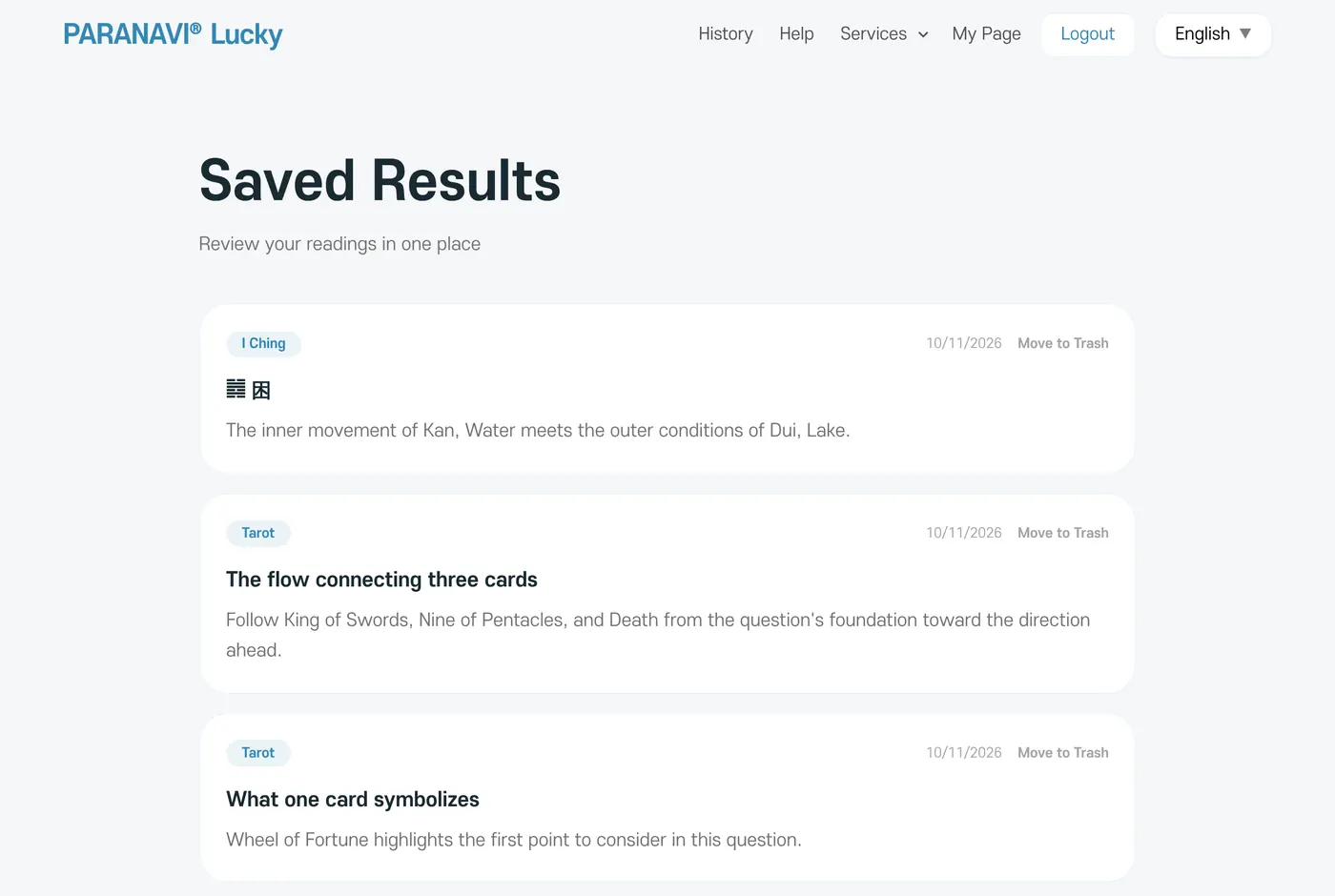 Saved Results. Each card shows the service name, the date it was made, and the result title