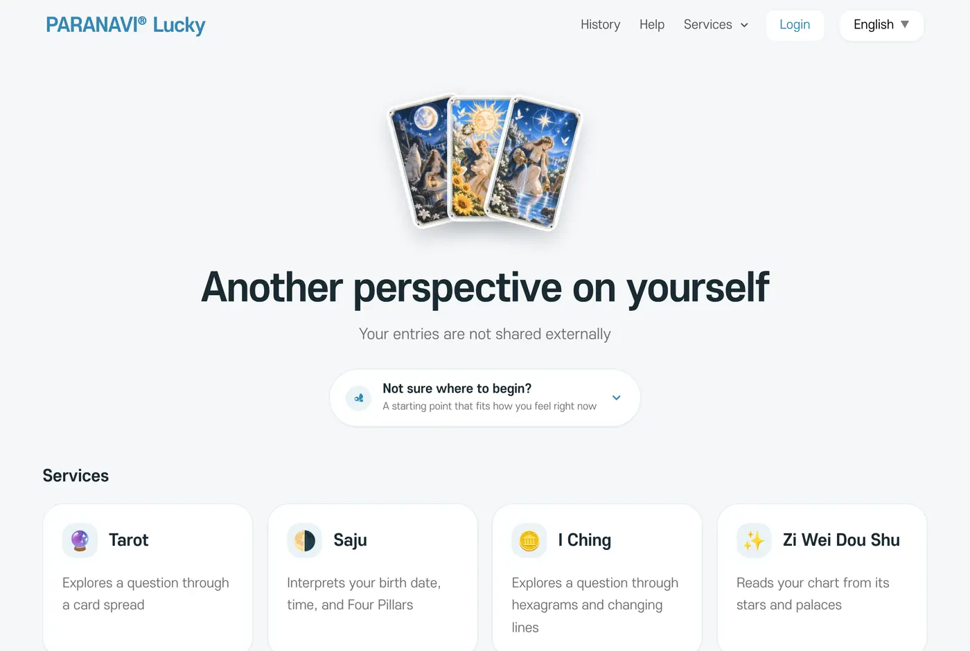 The Lucky home screen. The top menu has History, Services, and Login, with eight service cards below
