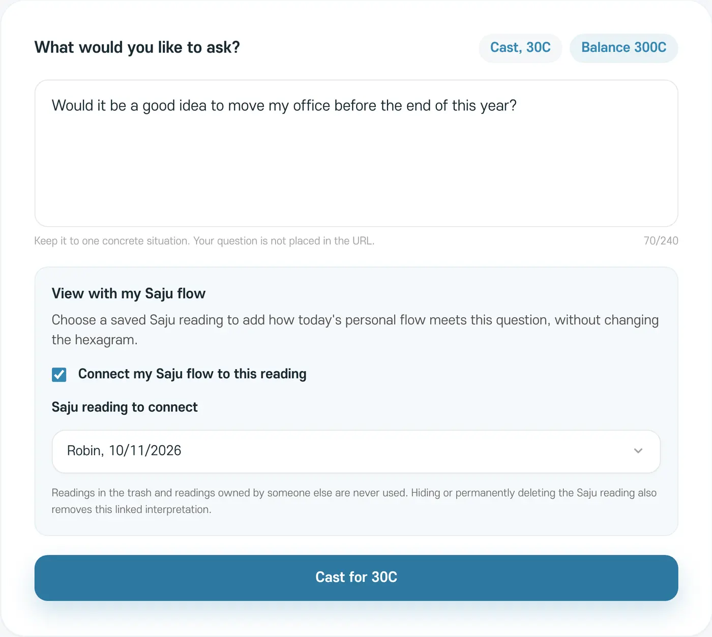 The I Ching screen with a question written and View with my Saju flow selected