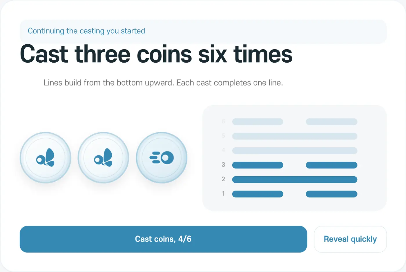 The coin-casting screen. Lines build from the bottom up