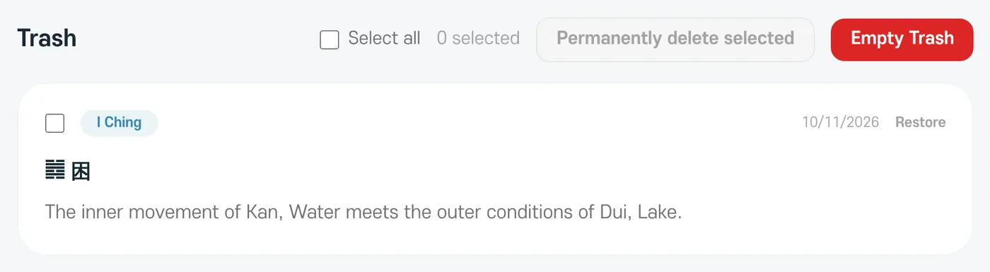 Trash, with Restore, selection, and permanent deletion buttons