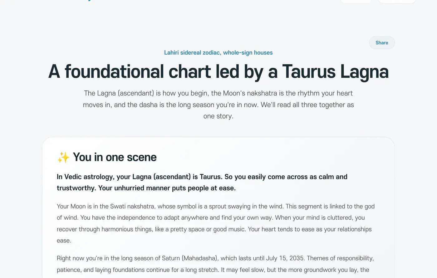 The top of a Vedic Astrology result