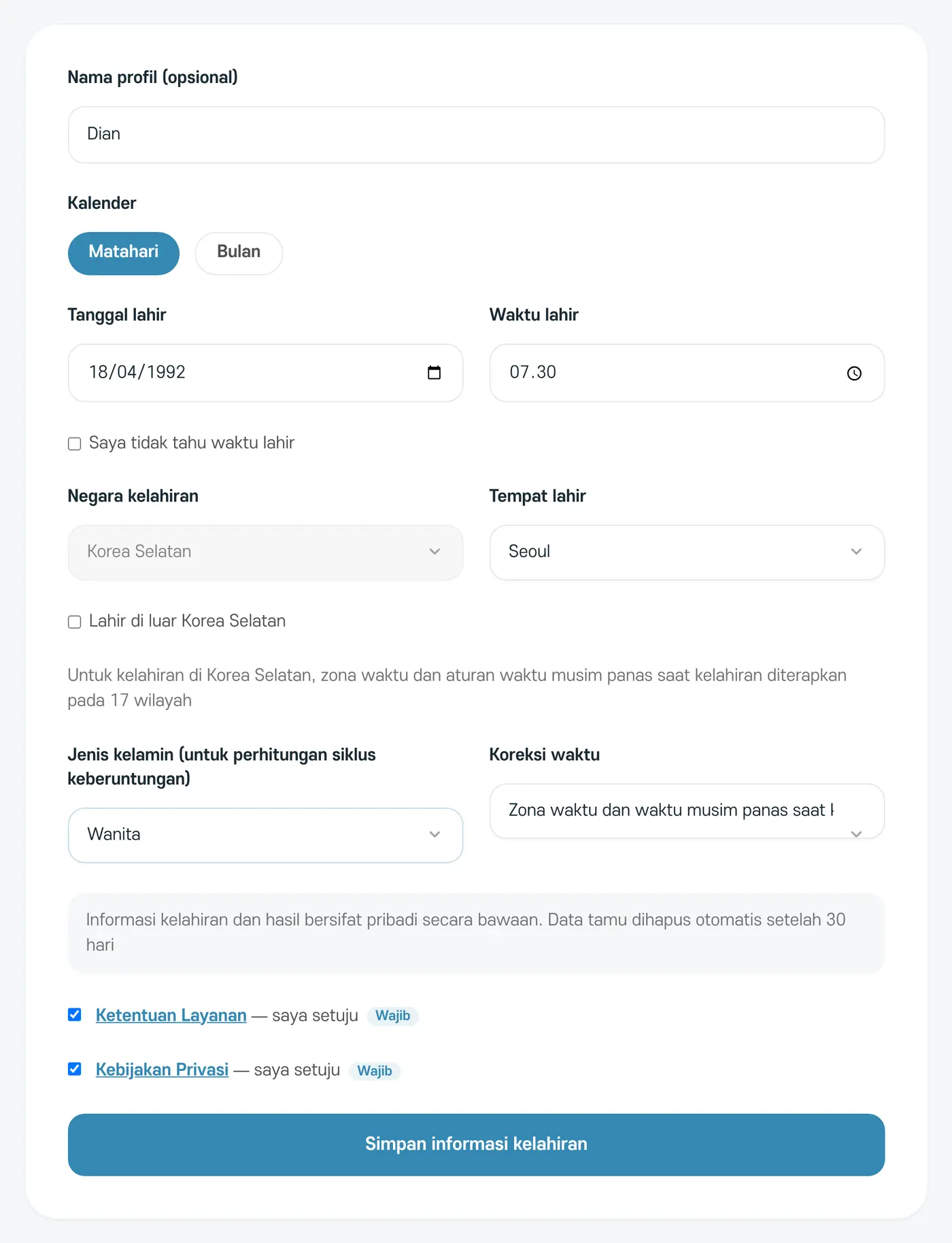 Layar pengisian informasi kelahiran. Contoh dengan data tokoh fiktif 'Dian'