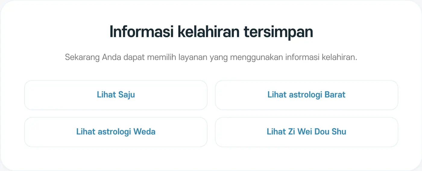 Layar setelah tersimpan. Anda bisa langsung pindah ke layanan yang memakai informasi kelahiran
