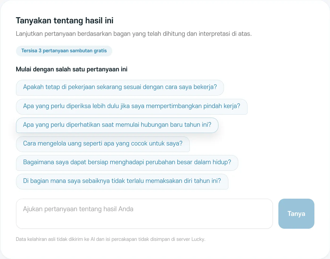 Bertanya lebih lanjut. Ketuk pertanyaan yang disarankan atau tulis sendiri pertanyaan Anda