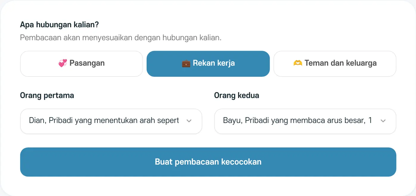 Layar pengisian kecocokan. Contoh dengan pilihan Rekan kerja