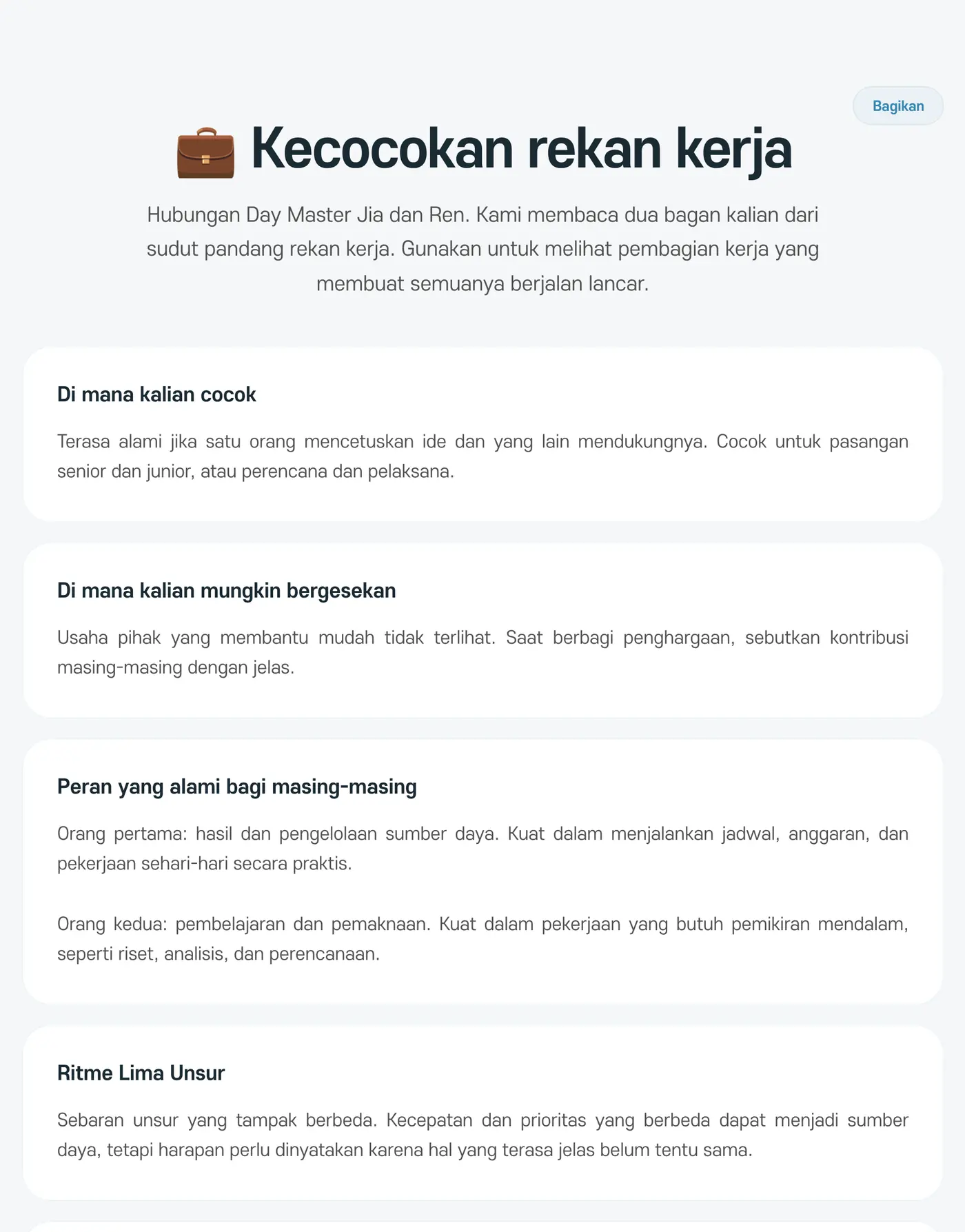 Hasil kecocokan rekan kerja. Menunjukkan situasi yang selaras, situasi yang mudah berbenturan, dan peran yang mudah diambil masing-masing
