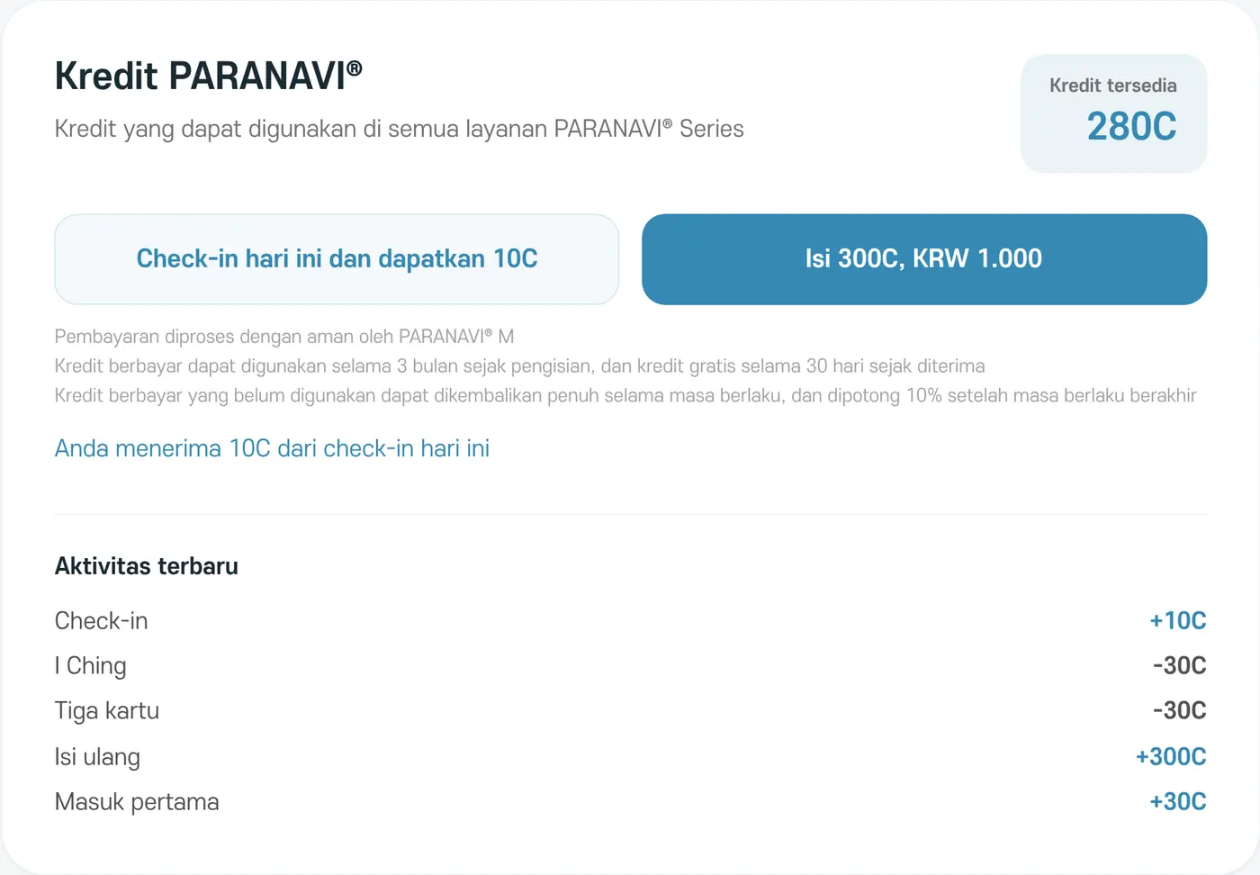 Setelah check-in, 10C ditambahkan dan muncul di Aktivitas terbaru