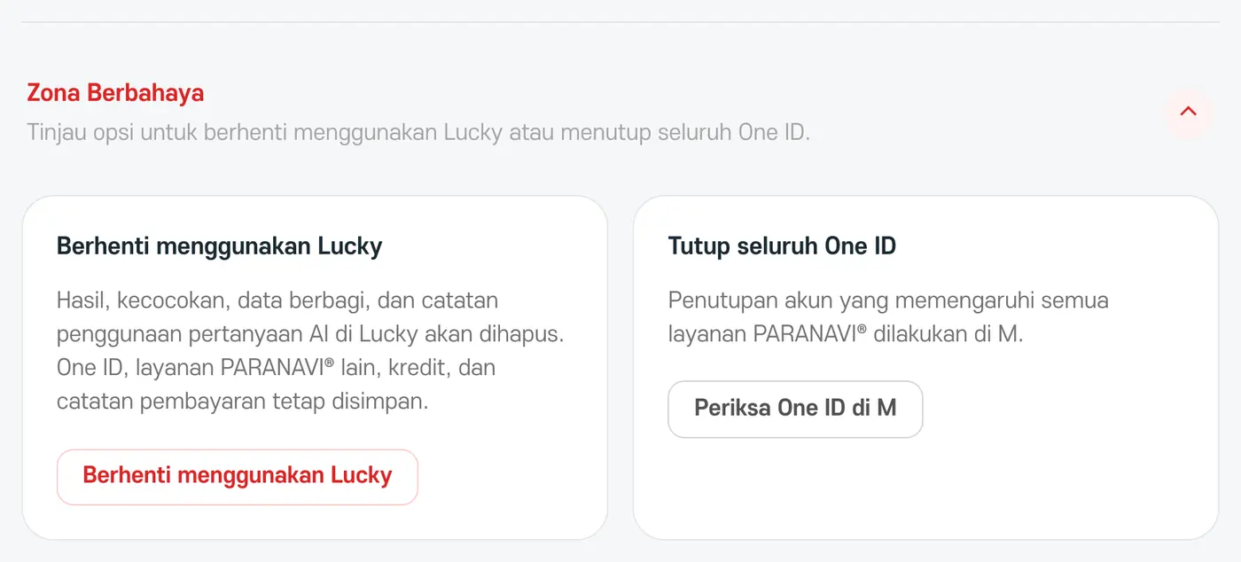 Zona Berbahaya. Berhenti menggunakan Lucky dan Tutup seluruh One ID
