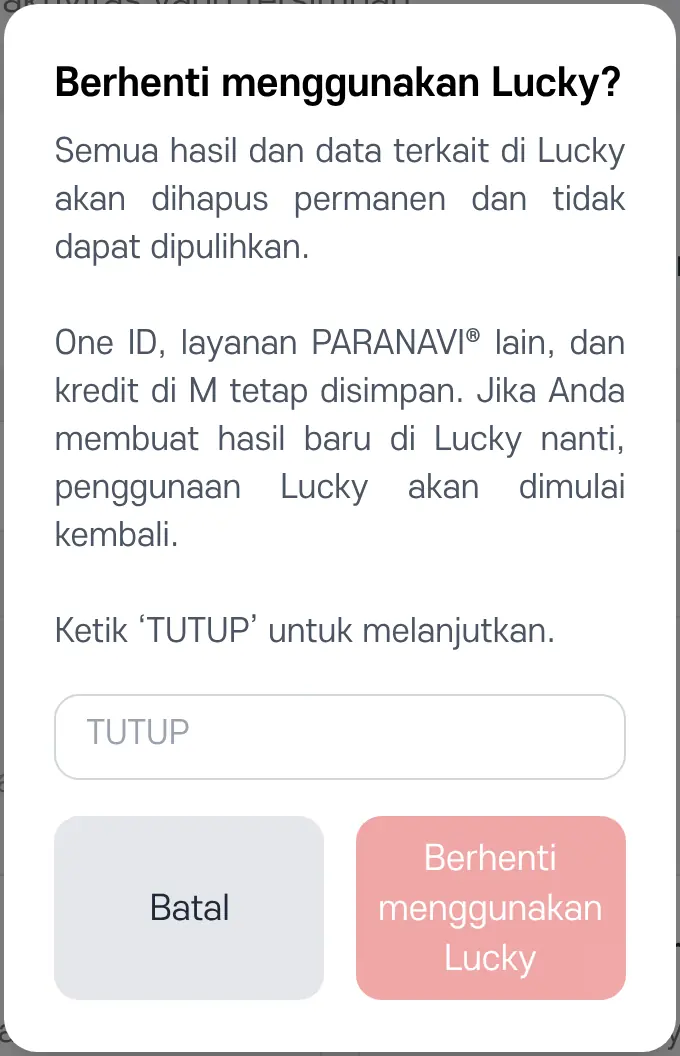 Jendela konfirmasi Berhenti menggunakan Lucky