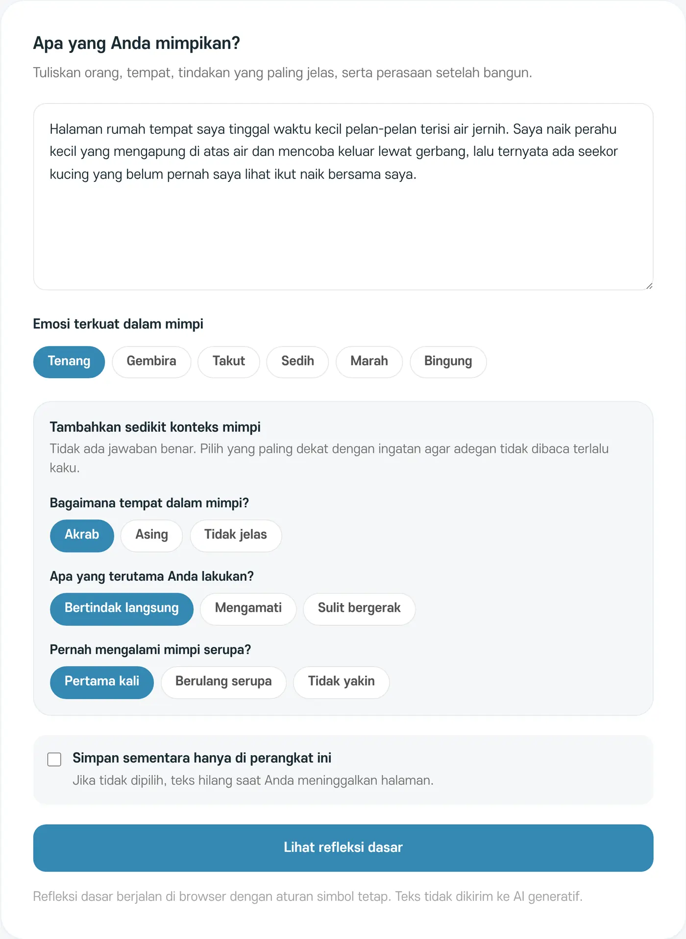 Layar pengisian Refleksi Mimpi