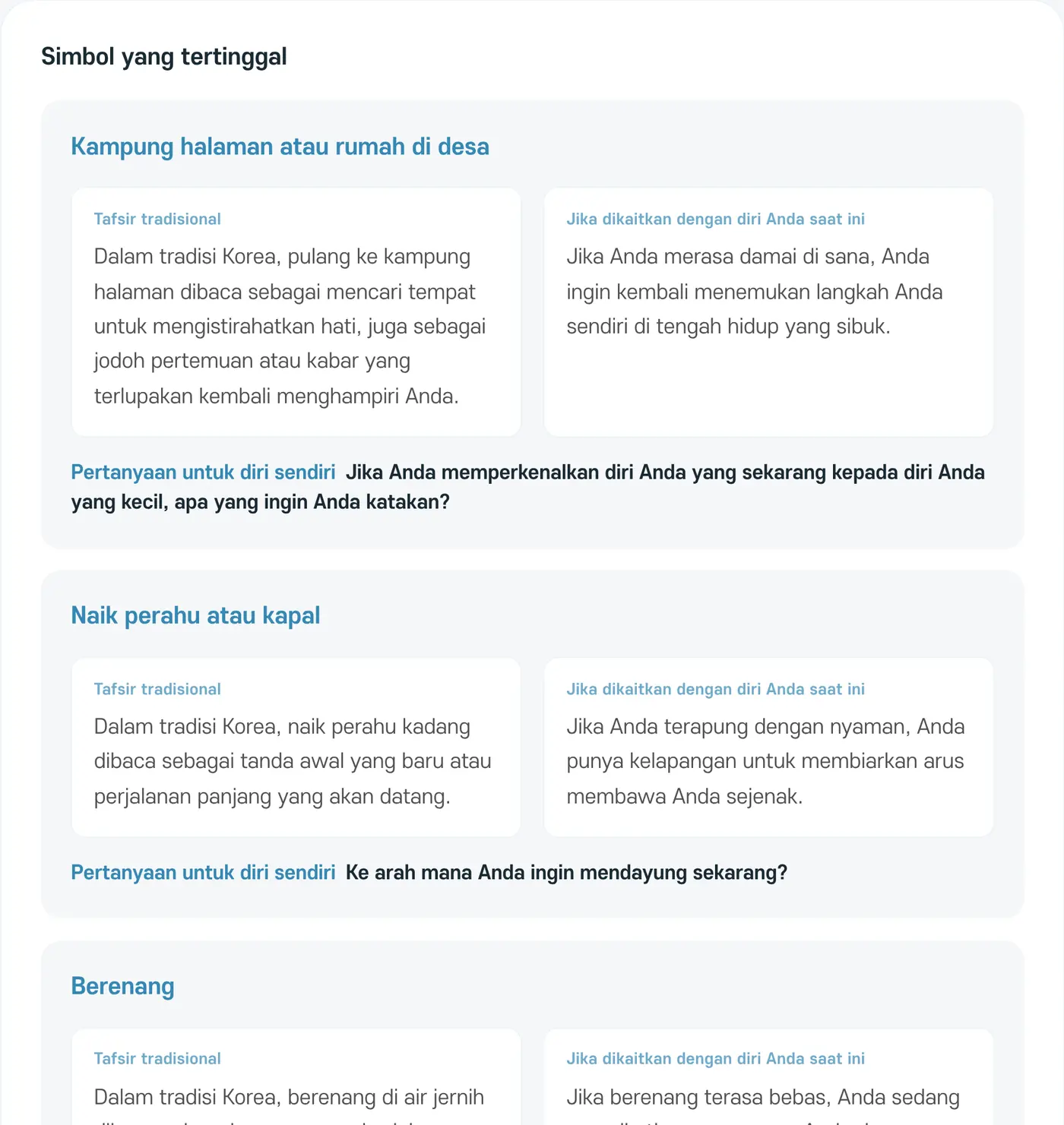 Adegan dalam mimpi dan simbol yang tertinggal. Setiap simbol menampilkan tafsir tradisional, maknanya jika dikaitkan dengan diri Anda saat ini, dan pertanyaan untuk diri sendiri