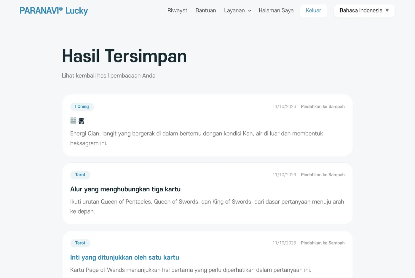 Riwayat. Menampilkan nama layanan, tanggal dibuat, dan judul hasil