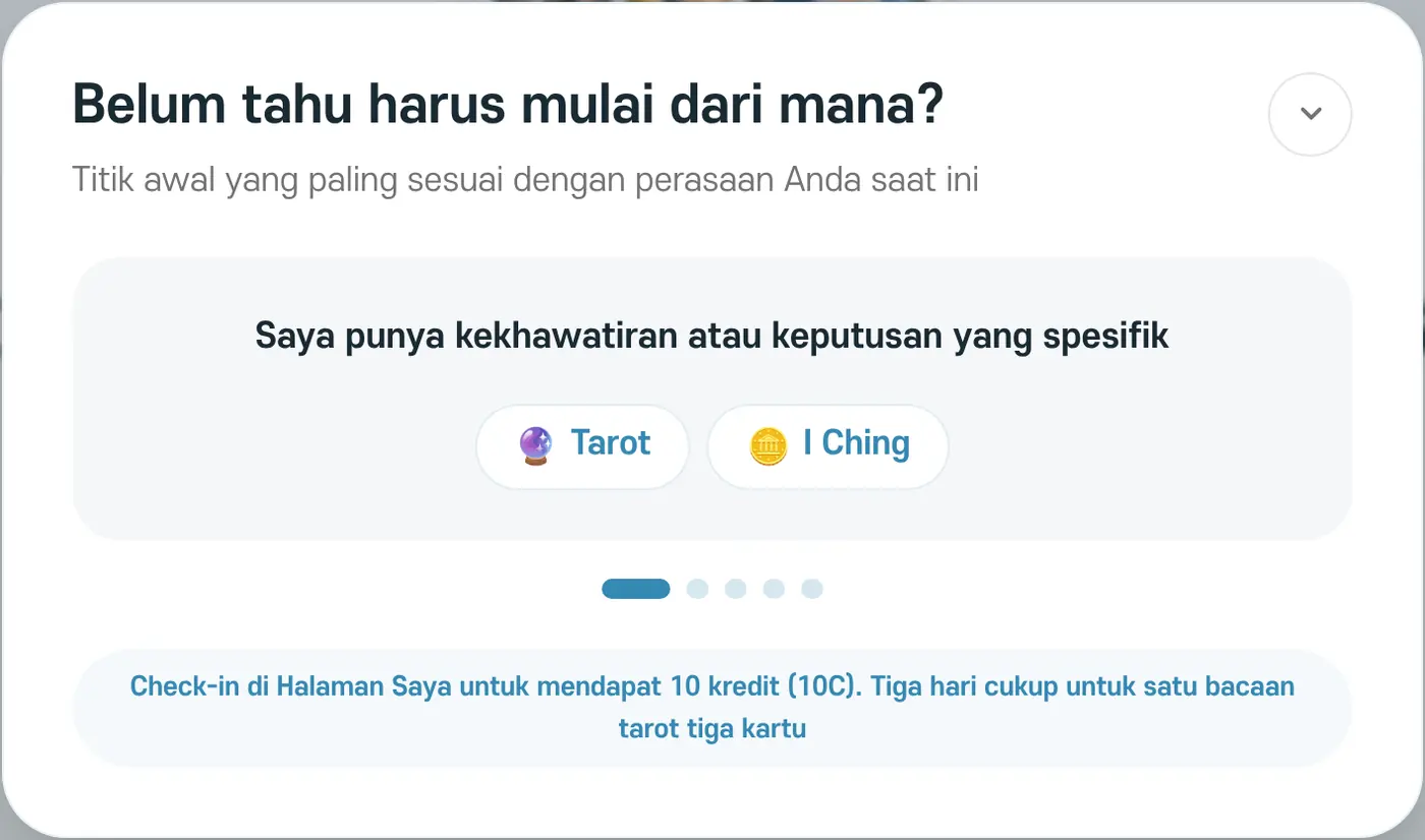 Panduan rekomendasi. Jika memilih 'Saya punya kekhawatiran atau keputusan yang spesifik', Tarot dan I Ching akan disarankan