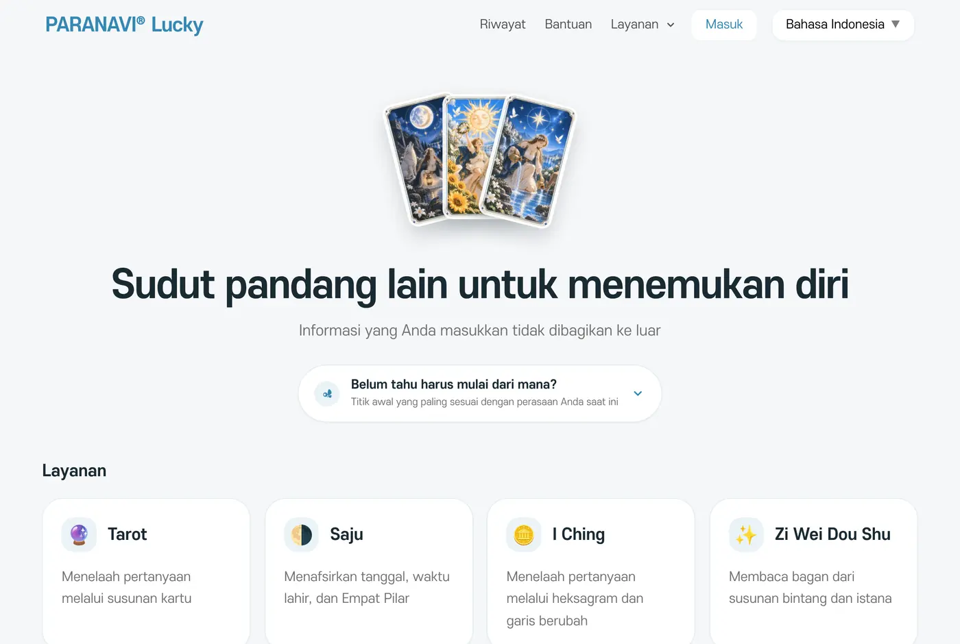 Layar awal Lucky. Di atas ada menu Riwayat, Layanan, dan Masuk, dan di bawahnya ada delapan kartu layanan