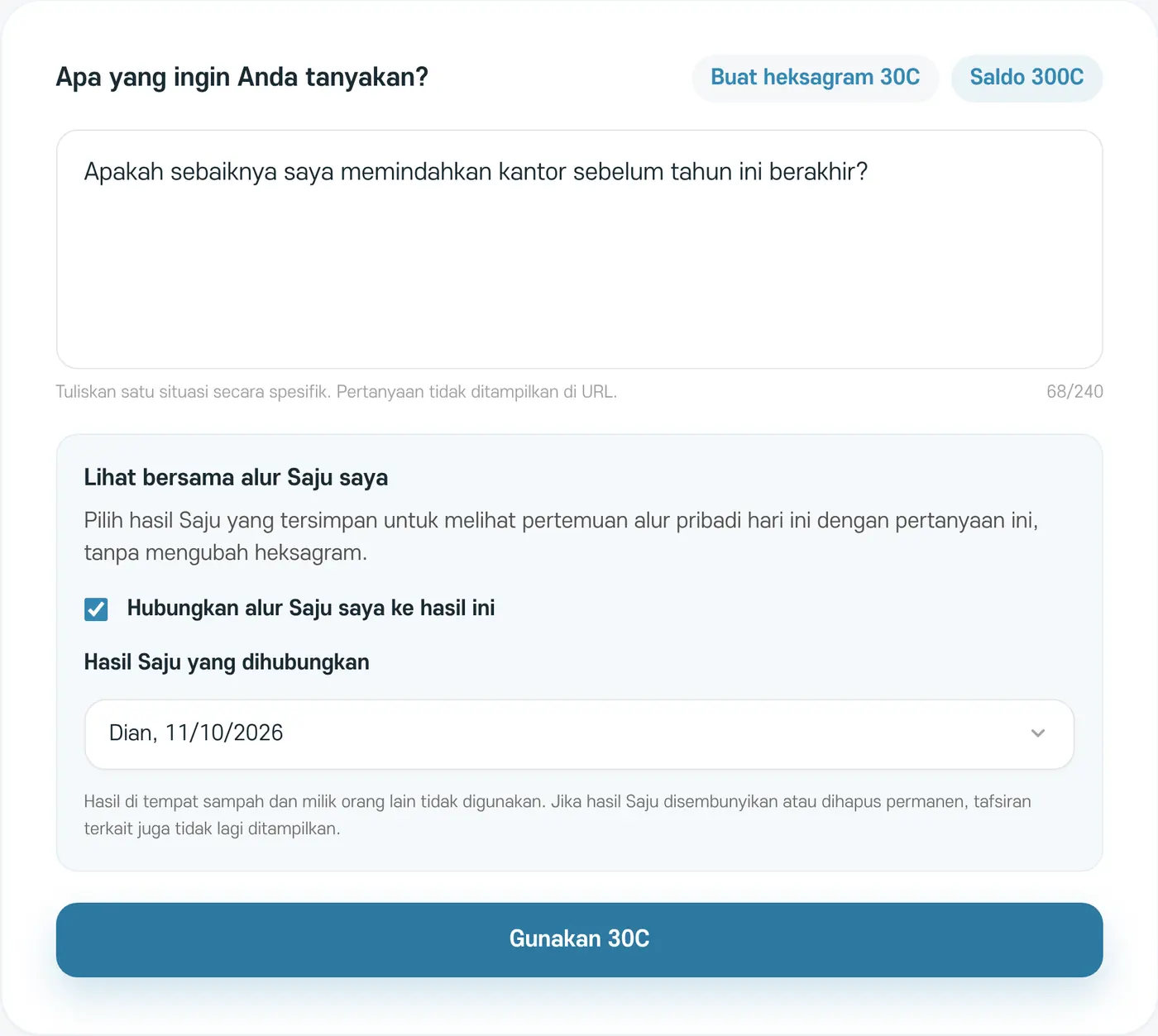 Layar pengisian I Ching. Contoh dengan pertanyaan yang sudah ditulis dan pilihan Lihat bersama alur Saju saya