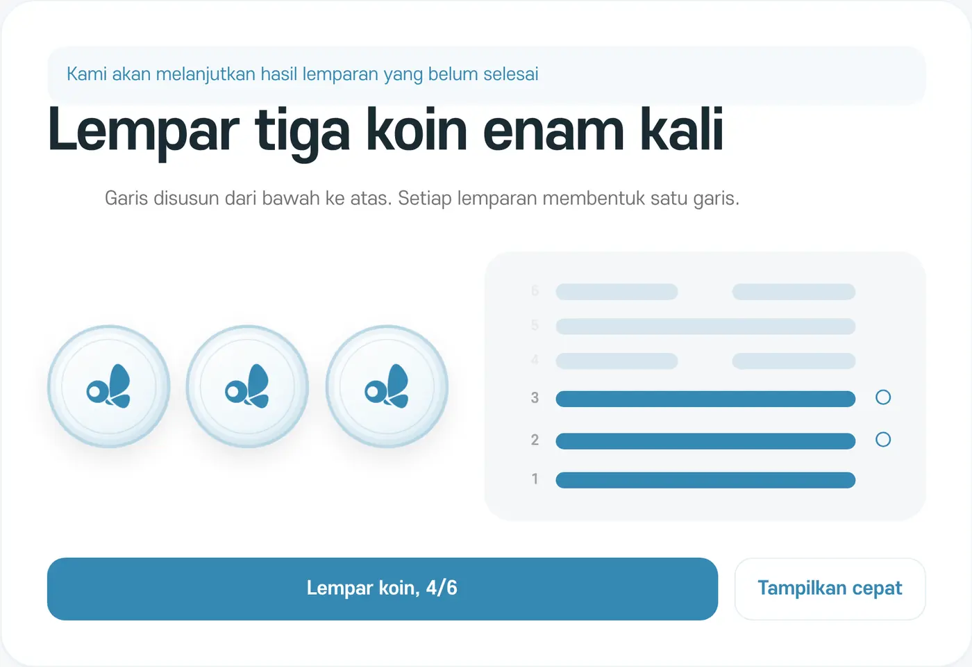 Layar melempar koin. Garis tersusun dari bawah ke atas