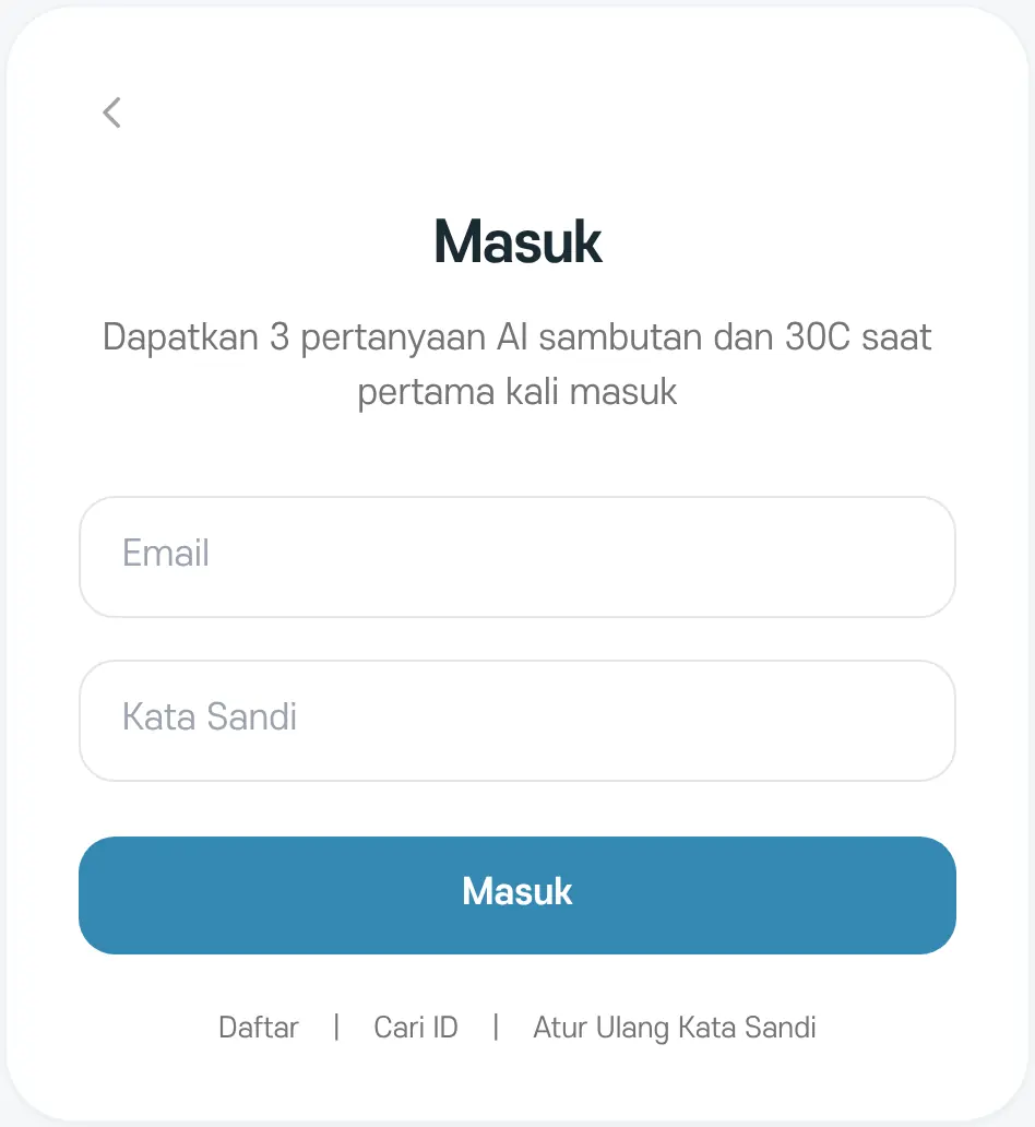 Layar Masuk. Ada keterangan bahwa Anda mendapat 3 pertanyaan AI sambutan dan 30C saat pertama kali masuk