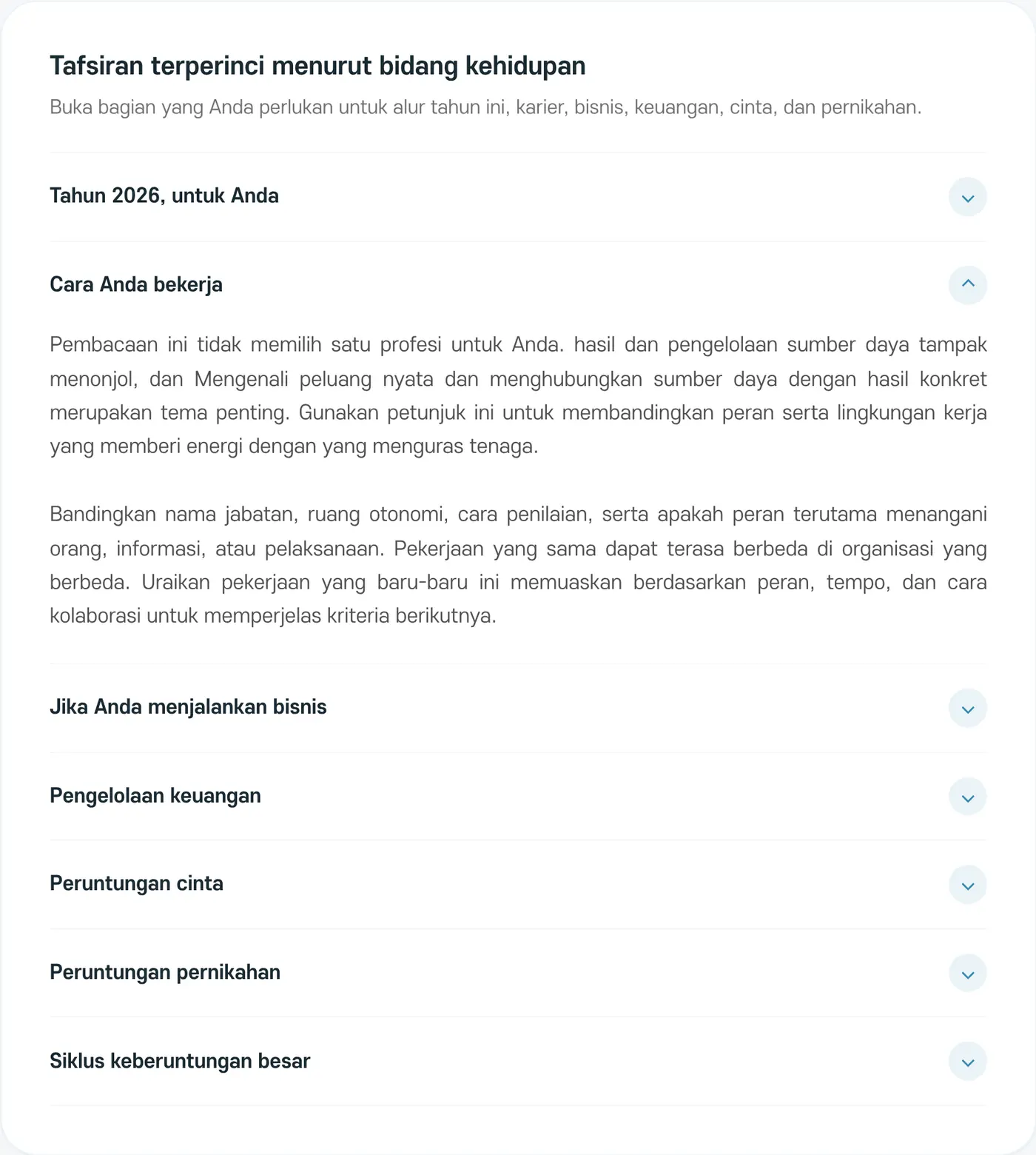 Tafsiran terperinci menurut bidang kehidupan. Bagian 'Cara Anda bekerja' sedang dibuka
