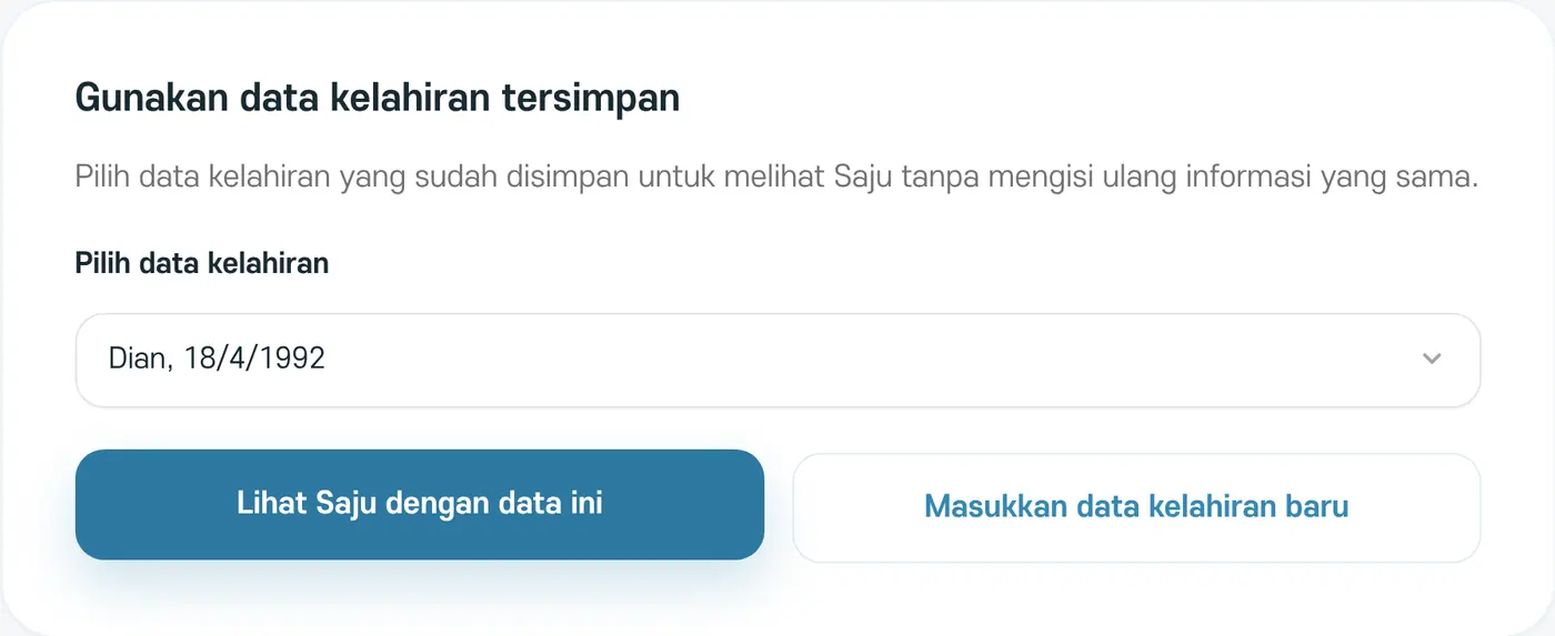 Melihat Saju dari informasi kelahiran tersimpan. Pilih data kelahiran, lalu ketuk 'Lihat Saju dengan data ini'