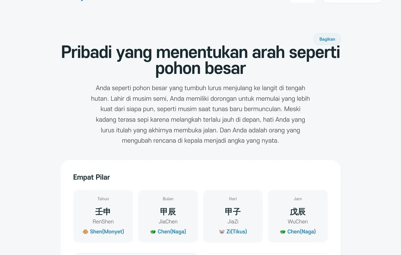 Bagian awal hasil Saju. Judul 'Pribadi yang menentukan arah seperti pohon besar' dan ringkasannya
