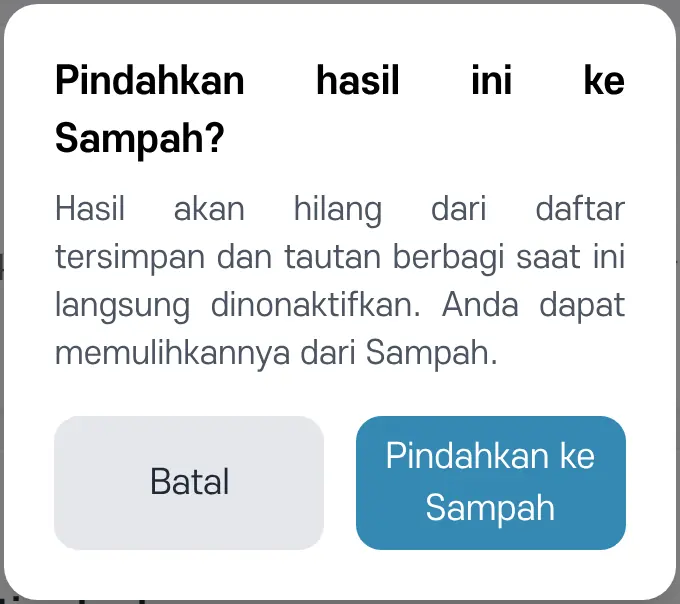 Jendela konfirmasi sebelum memindahkan ke Sampah