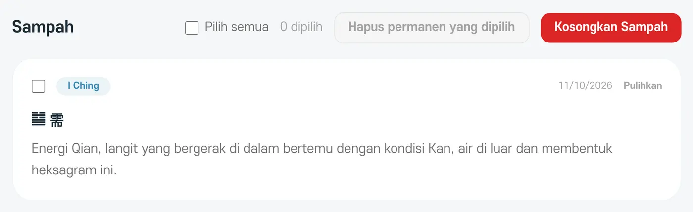 Sampah. Ada tombol 'Pulihkan', pilihan, dan hapus permanen