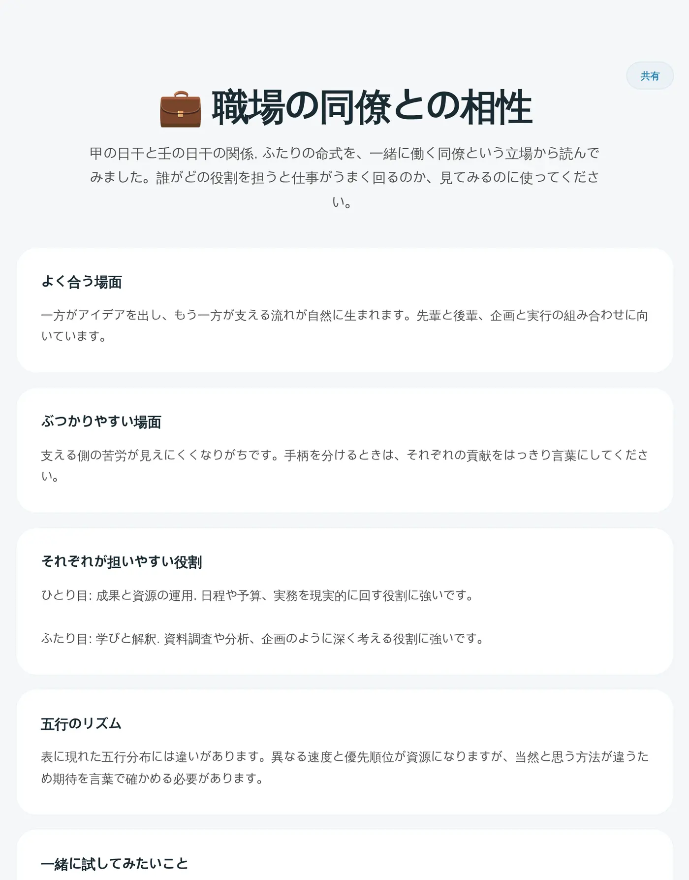 職場の同僚との相性の結果。よく合う場面、ぶつかりやすい場面、それぞれが担いやすい役割を表示します