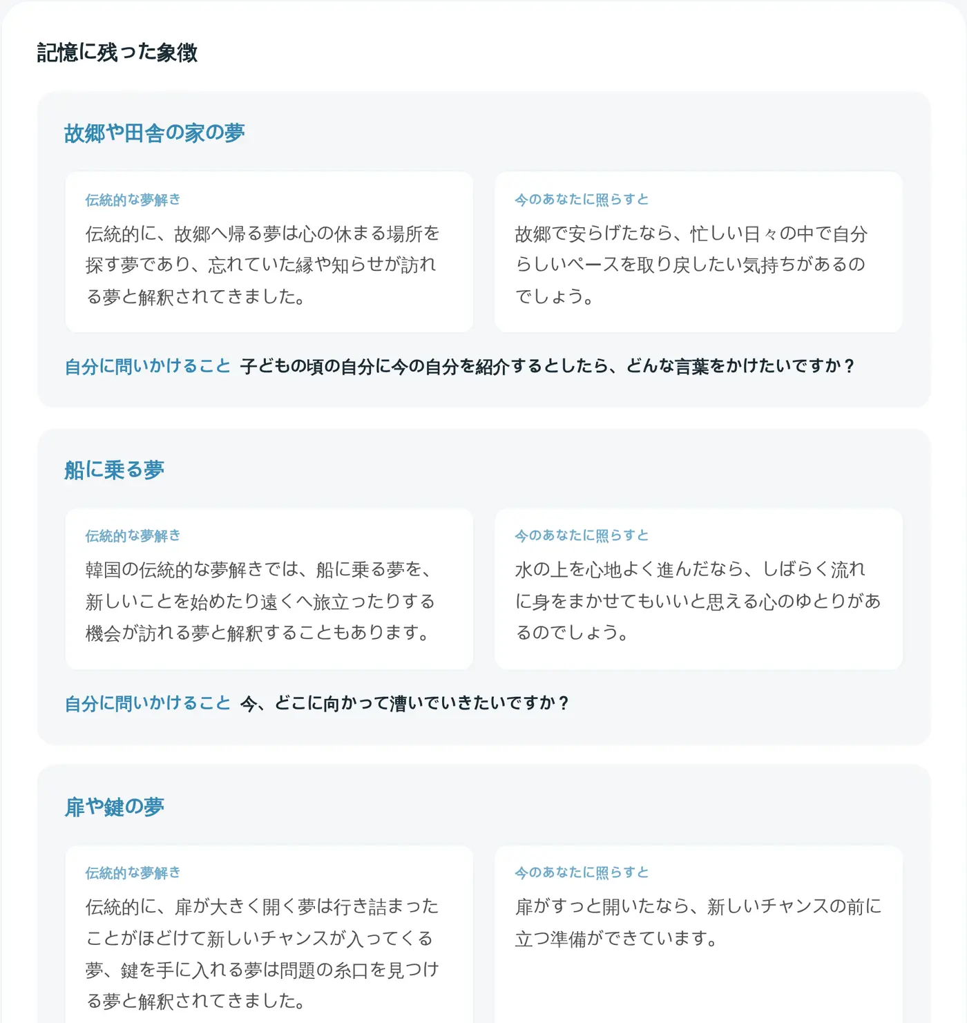 夢の場面から見ると、と記憶に残った象徴。象徴ごとに伝統的な夢解きと、今のあなたに照らした意味、自分に問いかけることが表示されます