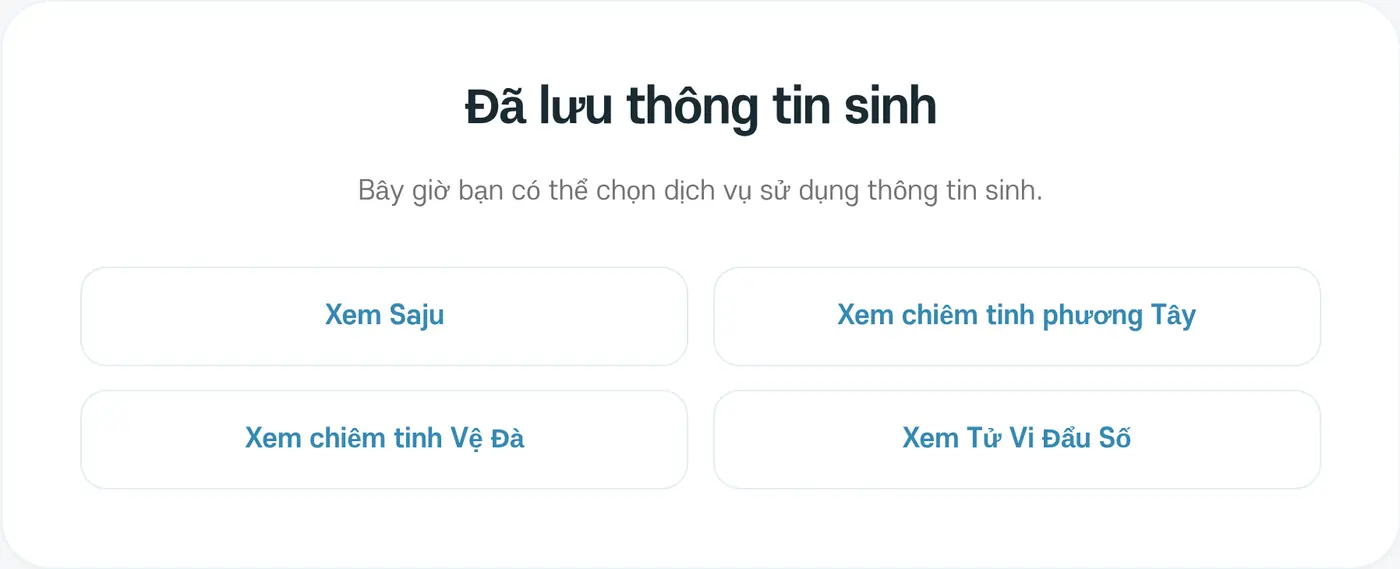 Màn hình sau khi lưu xong. Bạn có thể đi thẳng đến các dịch vụ dùng thông tin sinh