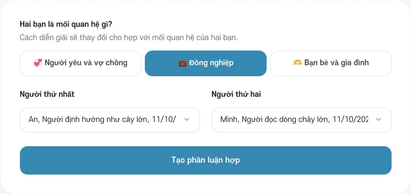 Màn hình nhập tương hợp. Ví dụ chọn Đồng nghiệp