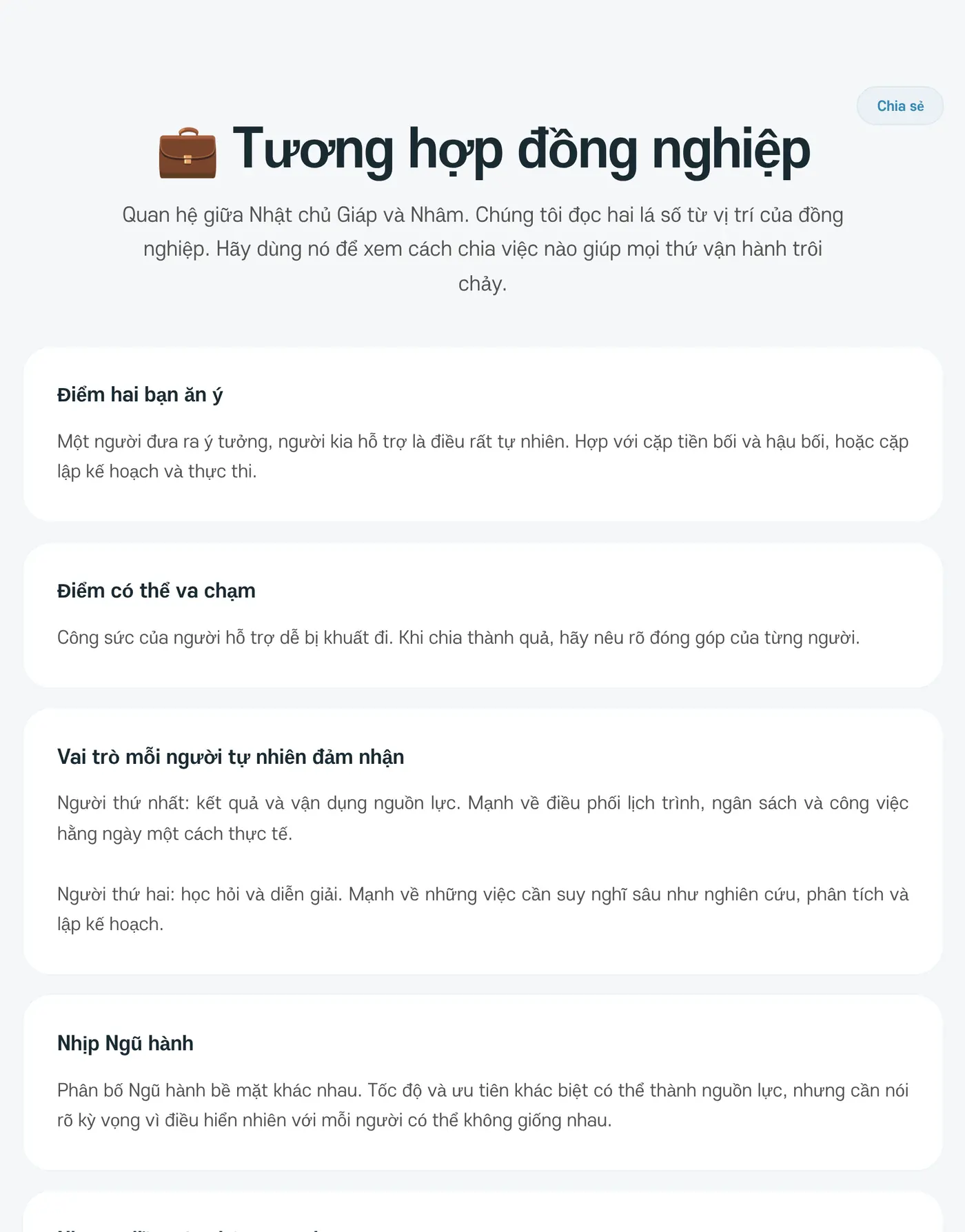 Kết quả tương hợp đồng nghiệp. Cho thấy điểm hai bạn ăn ý, điểm có thể va chạm và vai trò mỗi người tự nhiên đảm nhận