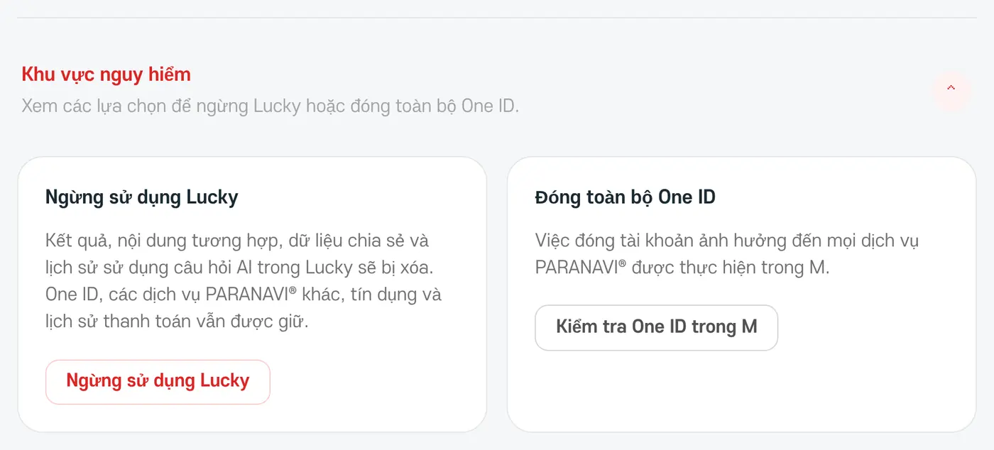 Khu vực nguy hiểm. Ngừng sử dụng Lucky và Đóng toàn bộ One ID