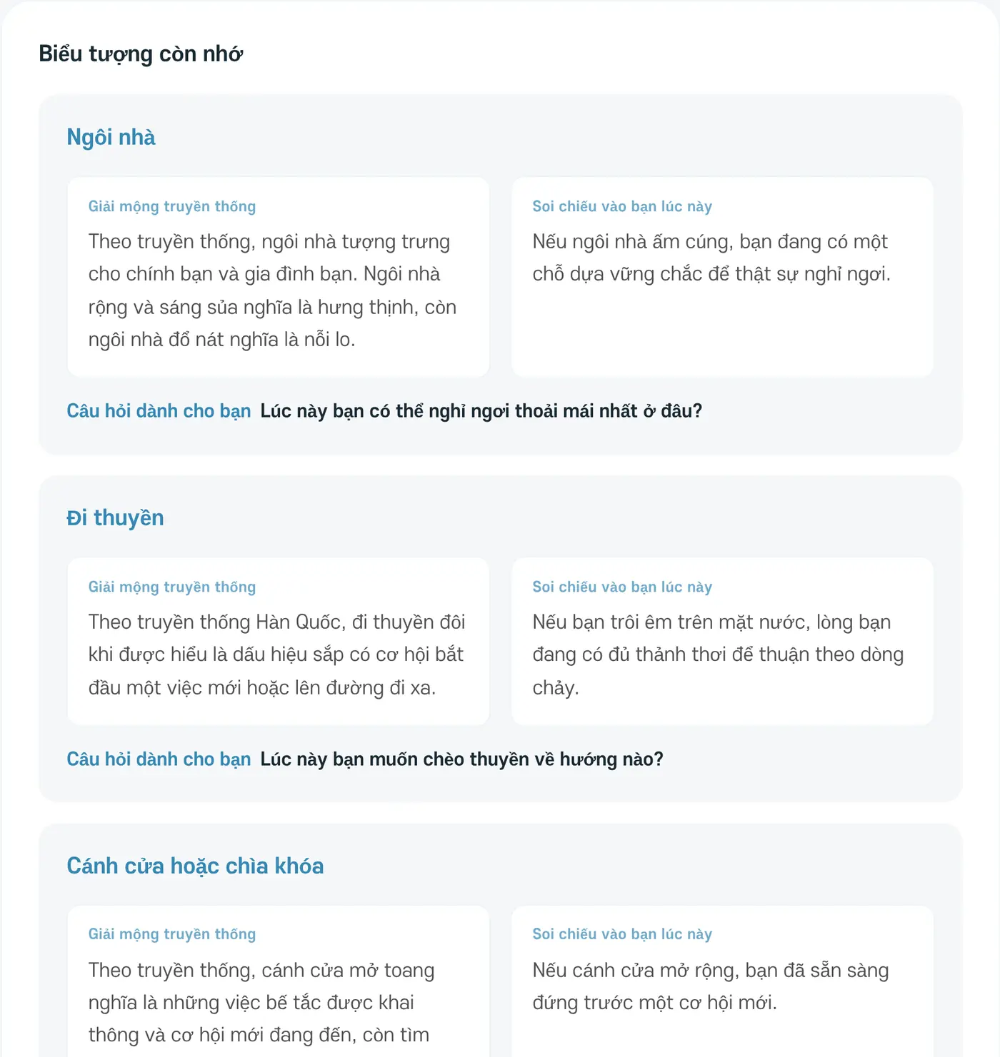 Khung cảnh trong mơ và biểu tượng còn nhớ. Mỗi biểu tượng có cách giải mộng truyền thống, ý nghĩa khi soi chiếu vào bạn lúc này và câu hỏi để tự suy ngẫm