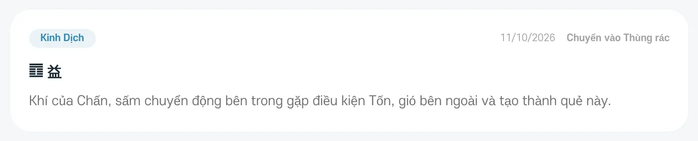 Một thẻ kết quả. Góc trên bên phải có 'Chuyển vào Thùng rác'