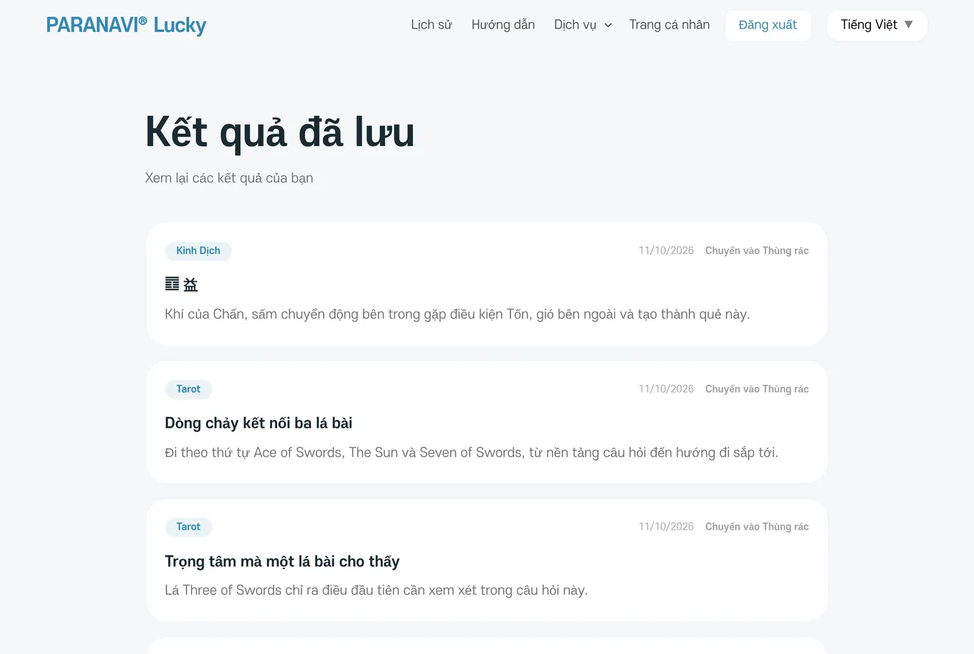 Kết quả đã lưu. Hiển thị tên dịch vụ, ngày tạo và tiêu đề kết quả