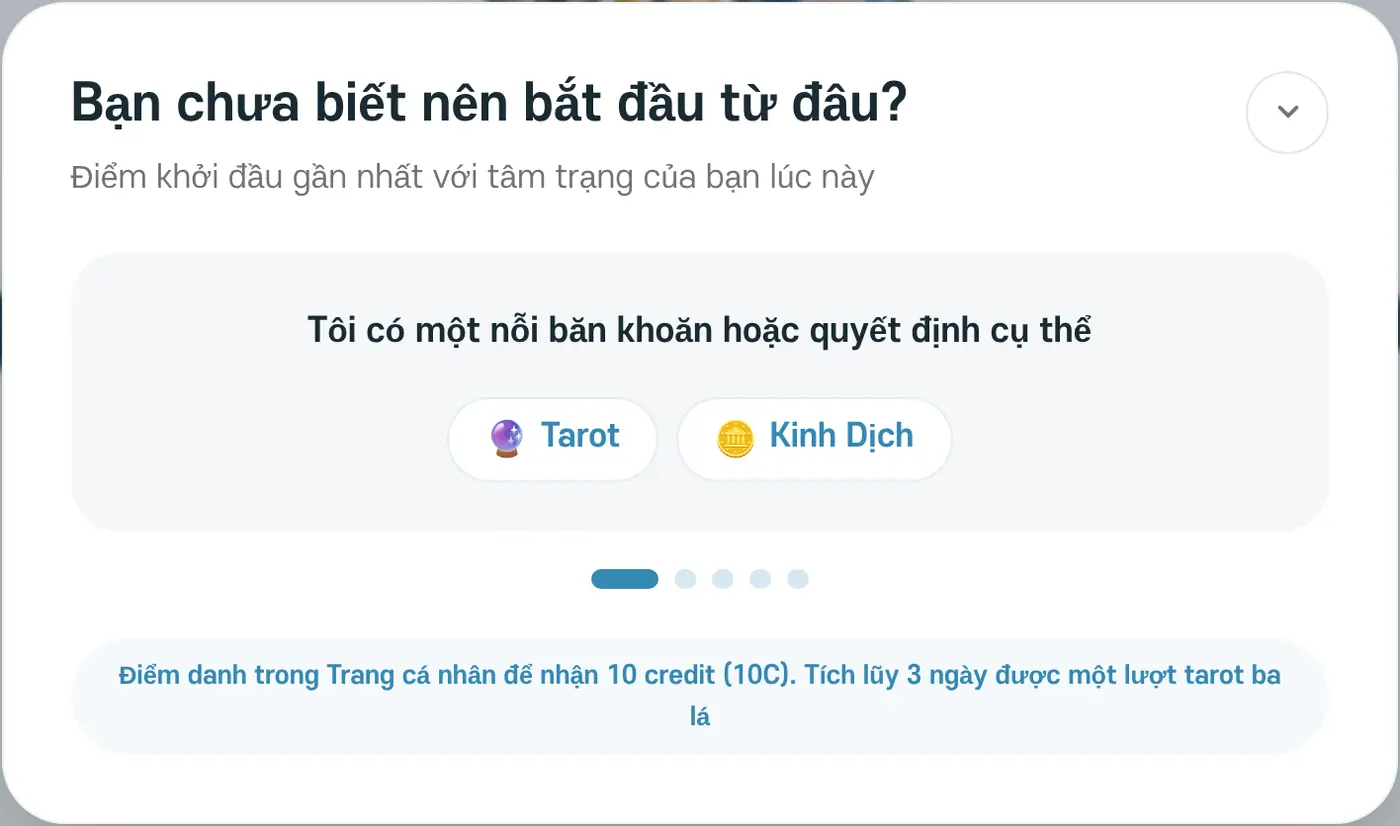 Hướng dẫn gợi ý. Khi chọn 'Tôi có một nỗi băn khoăn hoặc quyết định cụ thể', Lucky gợi ý Tarot và Kinh Dịch
