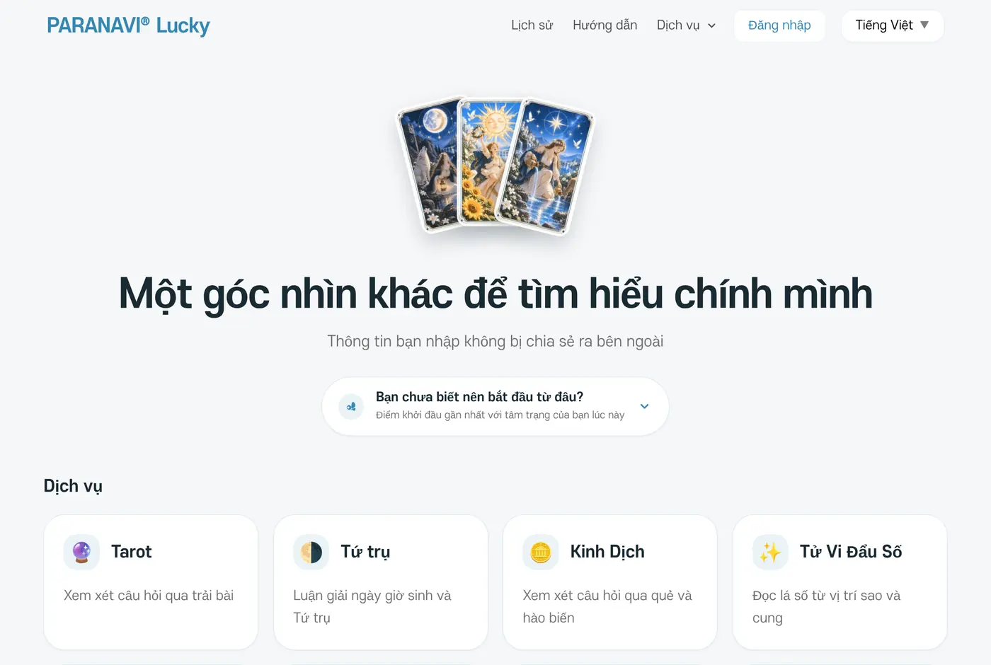 Trang đầu của Lucky. Phía trên có menu Lịch sử, Dịch vụ, Đăng nhập, bên dưới là tám thẻ dịch vụ