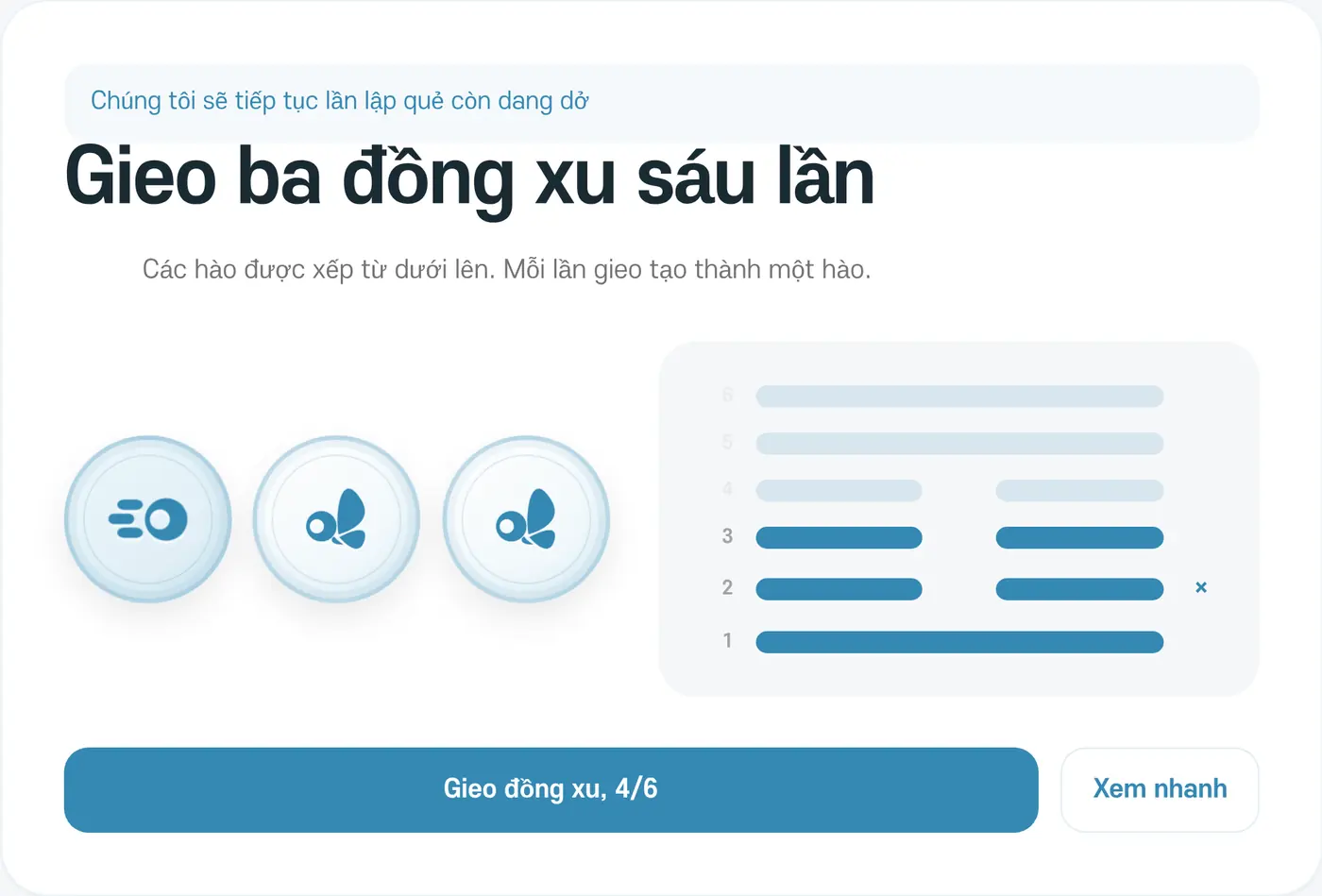 Màn hình gieo đồng xu. Các hào xếp từ dưới lên