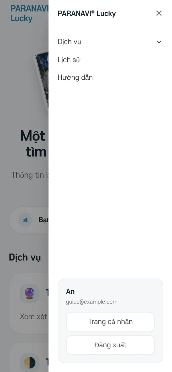 Menu khi mở trên điện thoại