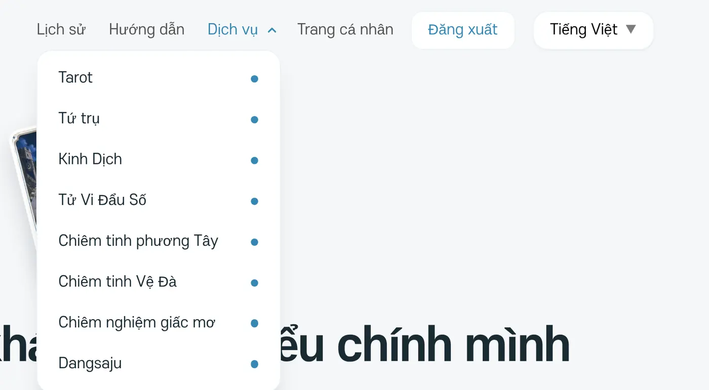 Menu Dịch vụ phía trên khi được mở ra