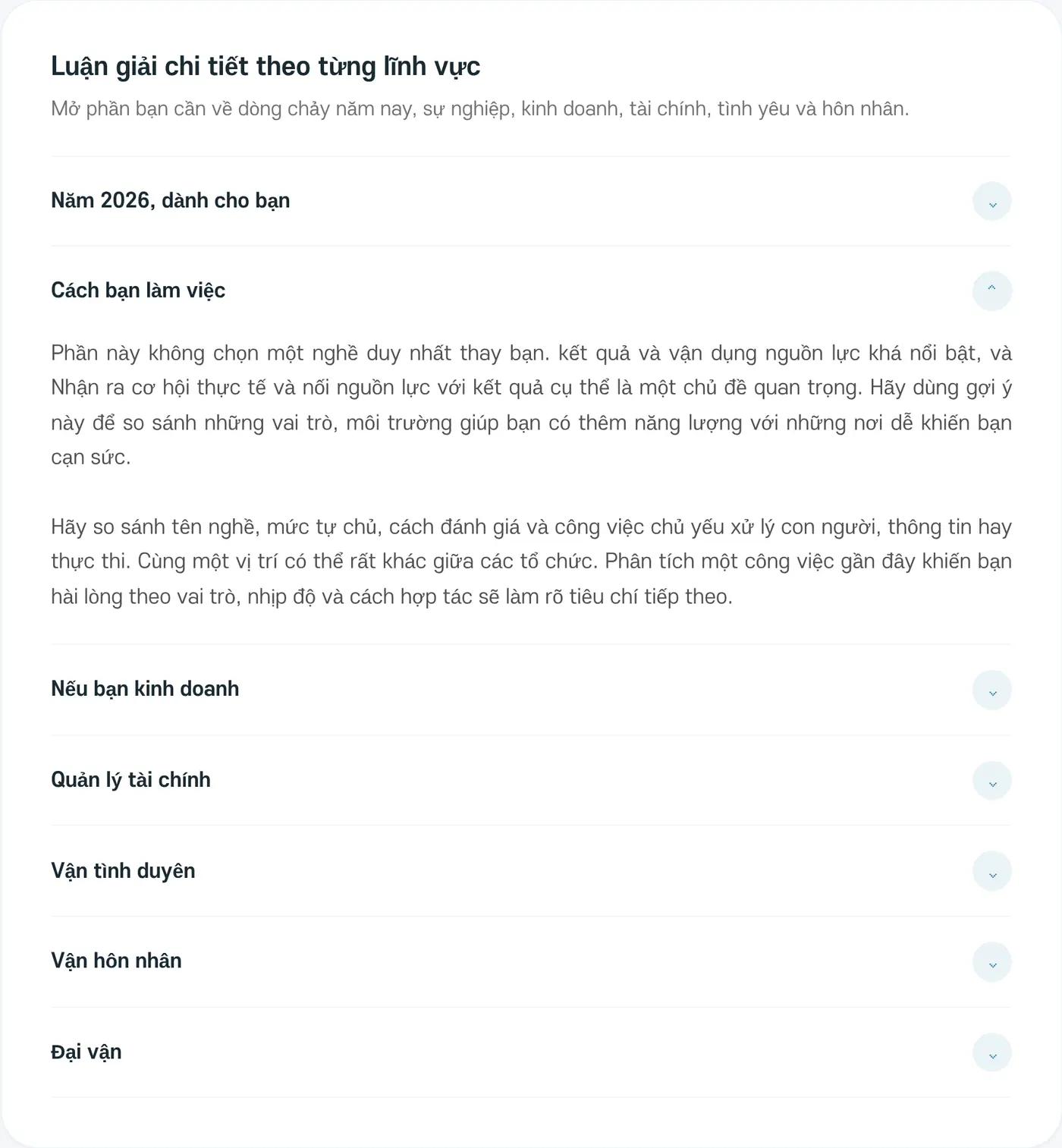 Luận giải chi tiết theo từng lĩnh vực. Mục 'Cách bạn làm việc' đang được mở