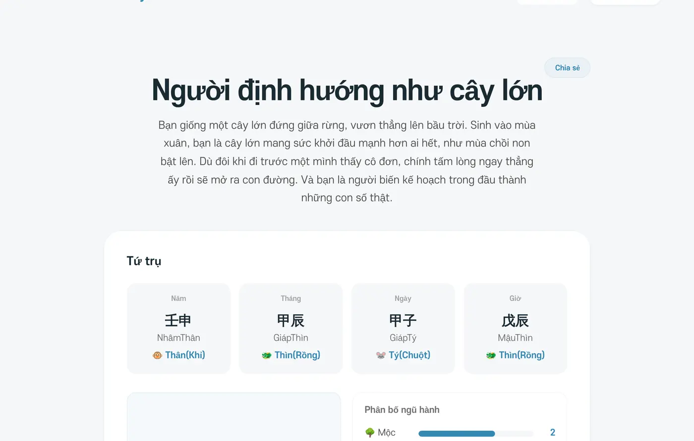Phần mở đầu của kết quả Tứ trụ. Tiêu đề 'Người định hướng như cây lớn' và phần tóm tắt