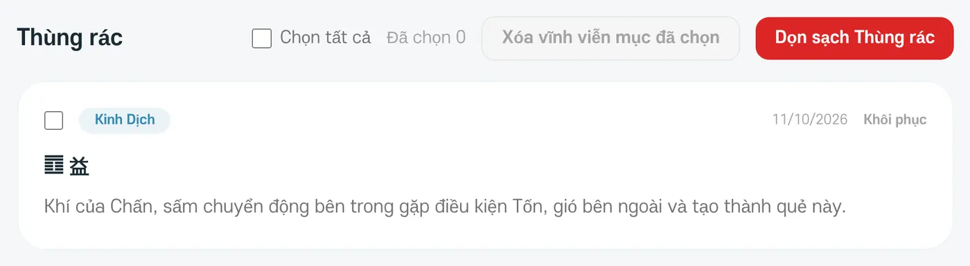 Thùng rác. Có nút 'Khôi phục', ô chọn và nút xóa vĩnh viễn