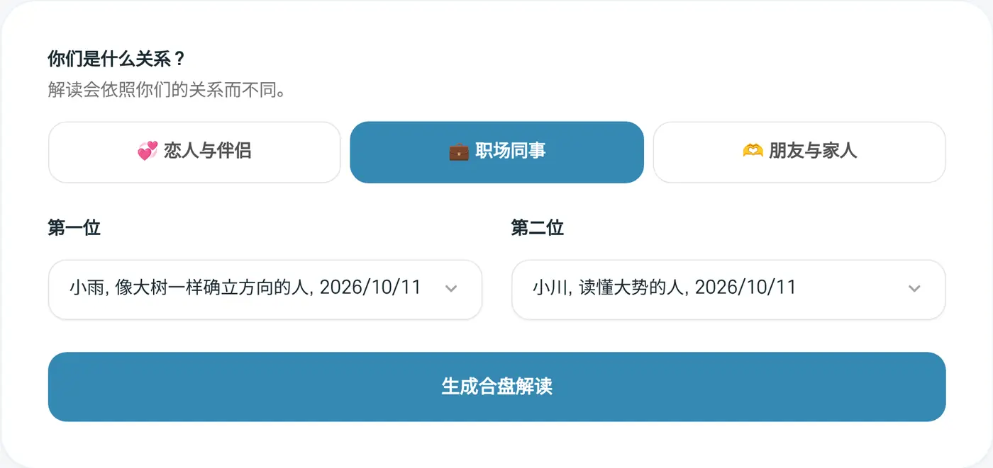 合盘填写页面。选择了职场同事的示例