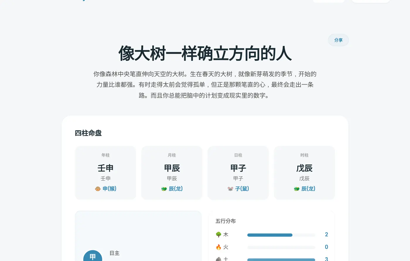四柱结果开头。标题“像大树一样确立方向的人”和摘要